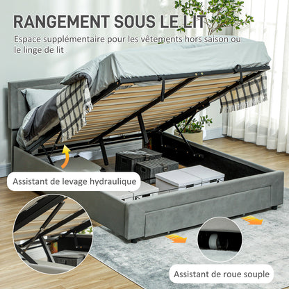 Bedframe – Tweepersoonsbed – Platformbed – Opbergbed – Bedbank – Hydraulische Lift – Verstelbaar Hoofdbord Fluweel – 140x200 cm
