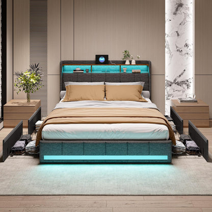 Tweepersoonsbed – Bedframe – Boxspring – Ledikant – Opbergbed – 160 x 200 cm – Fluwelen Bekleding – USB Oplaadfunctie Met LED-verlichting