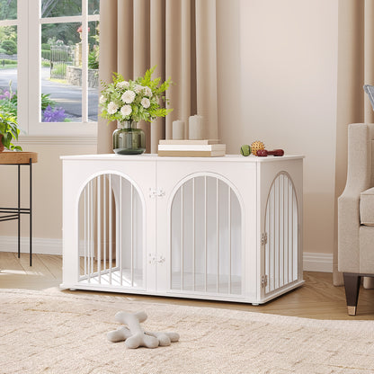 Hondenbench – Hondenkooi – Hondenhok – Hondenkrat – Huisdierkooi – Wit – 100x60x63 cm – Stevig Gelamineerd Hout & Metaal – 3 Deuren Boogvormig Design
