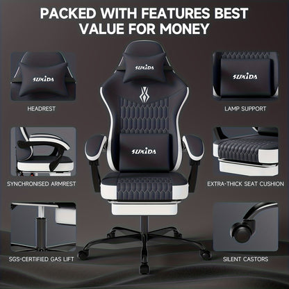 Gamingstoel – Gamestoel – Gaming Chair – Game Stoel – Bureaustoel – Ergonomisch Design – Verstelbare Hoogte & Rugleuning – Voetsteun & Lendensteun – Zwart/Wit