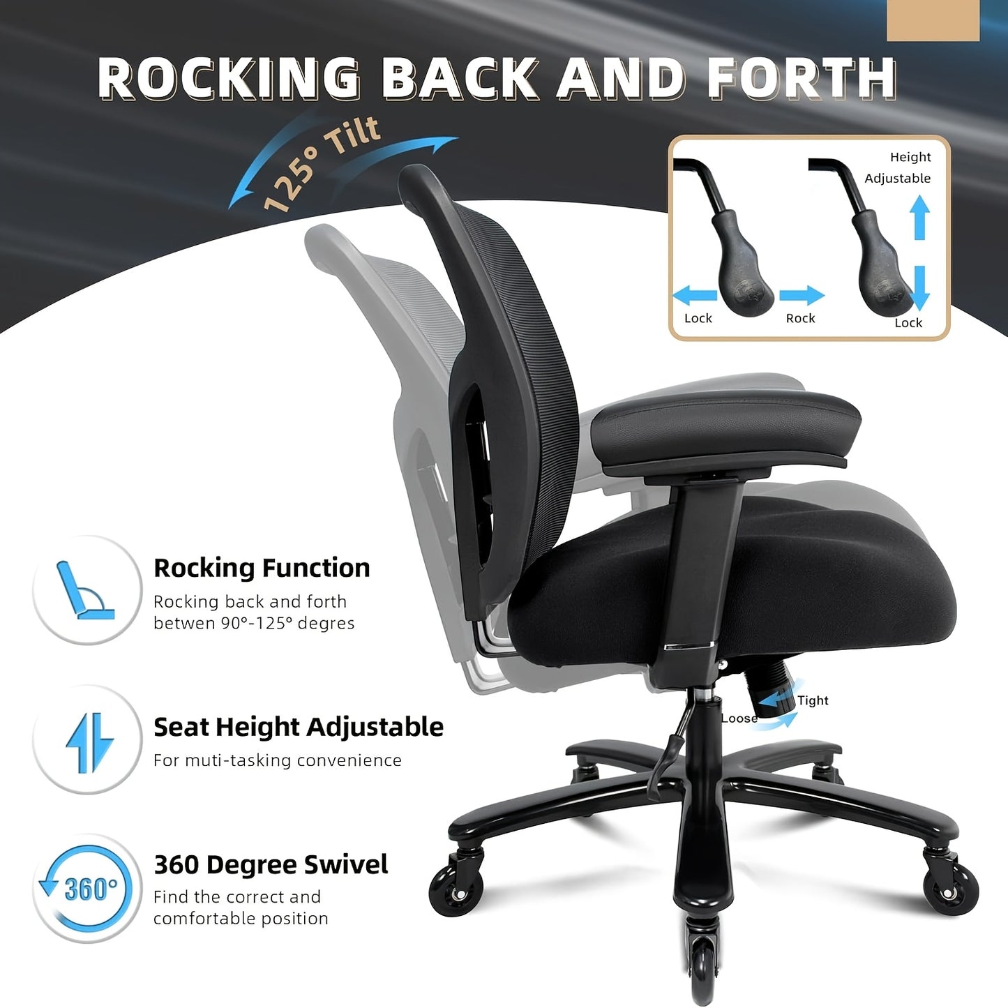 Office Chair, Desk Chair with 5 Rubber Wheels, Gaming Chair with 4D Armrests, for Large And Strong People (up to 227kg), Height-Adjustable, Memory Foam Filling, Ergonomic Office Chair with Rocking Function, Office, Ergonomic