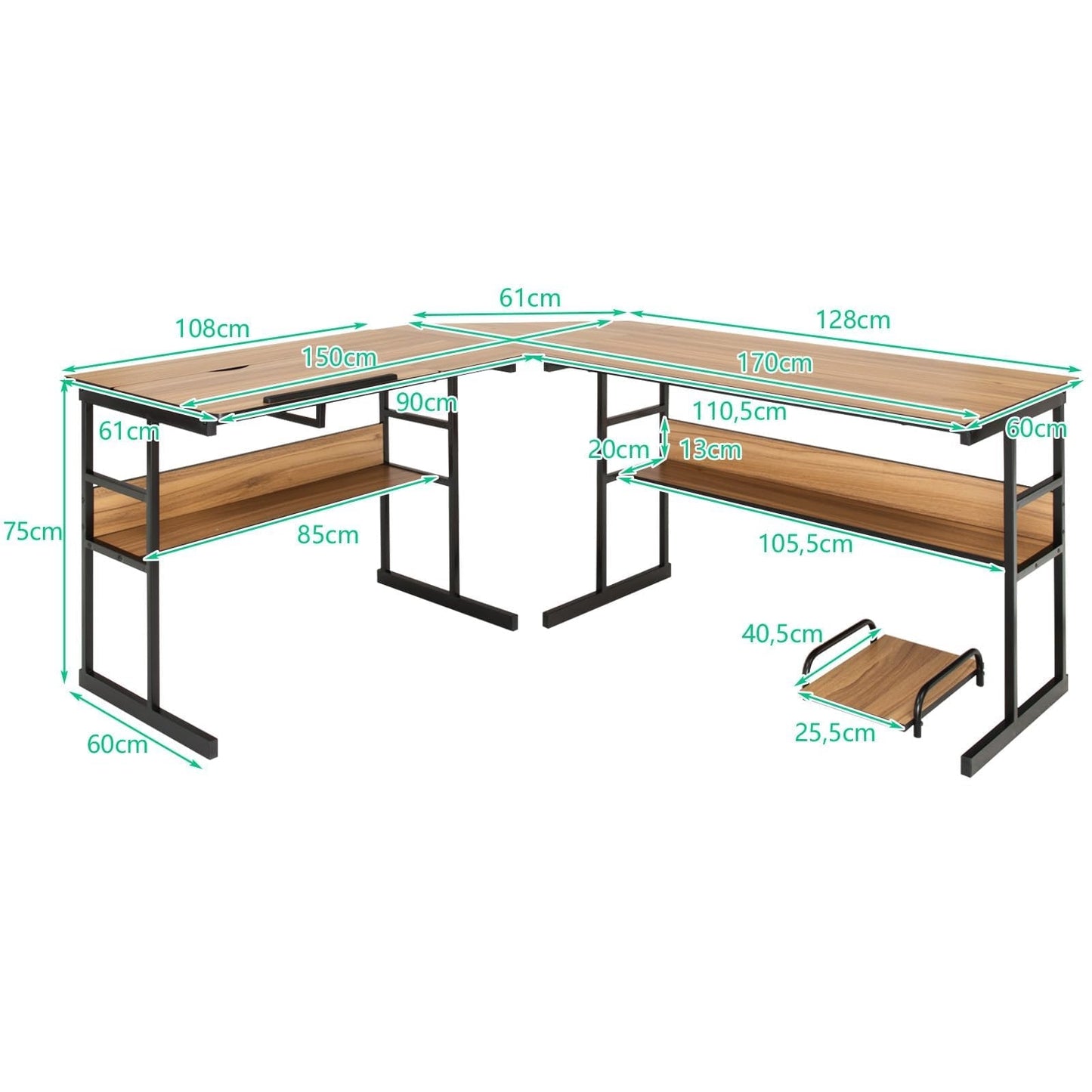 L-vormig Bureau – Hoekbureau – Werkplek – Computerbureau – Bureau Met Verstelbaar Blad – 170 x 150 x 75 cm – Walnoothout – 2 Planken & CPU-standaard