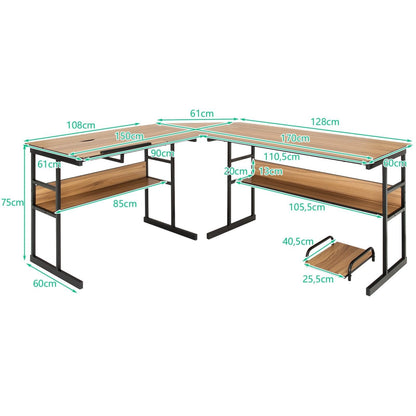 L-vormig Bureau – Hoekbureau – Werkplek – Computerbureau – Bureau Met Verstelbaar Blad – 170 x 150 x 75 cm – Walnoothout – 2 Planken & CPU-standaard