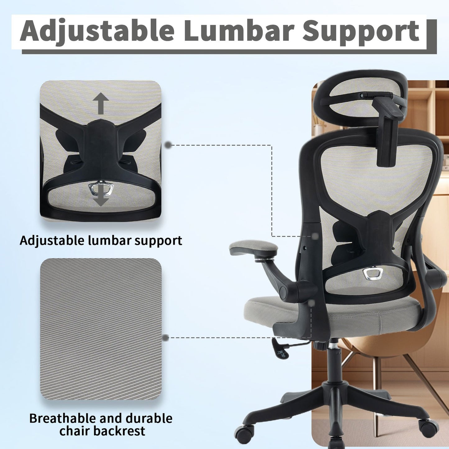 Ergonomic Office Chair, Desk Chair with Adjustable Headrest, Armrests, Lumbar Support, Swivel Chair, Rocker Function, Mesh Executive Chair, Back-Friendly, Office Chair 150 kg