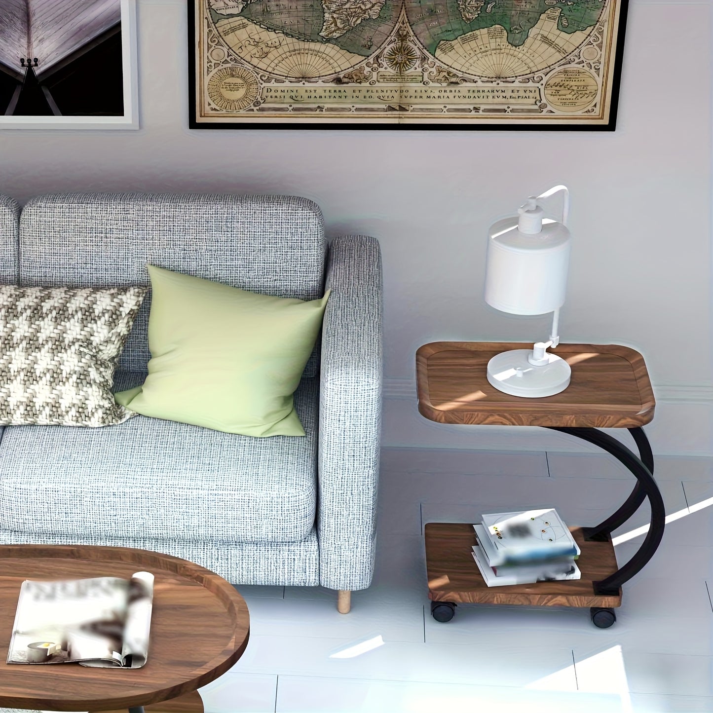 Bijzettafel – Sofa Tafel – Banktafeltje – Nachtkastje – Zijtafel – Vintage Design – Hout & Metaal – Wieltjes – Dubbel Plank – Walnoot – Geen Elektriciteit