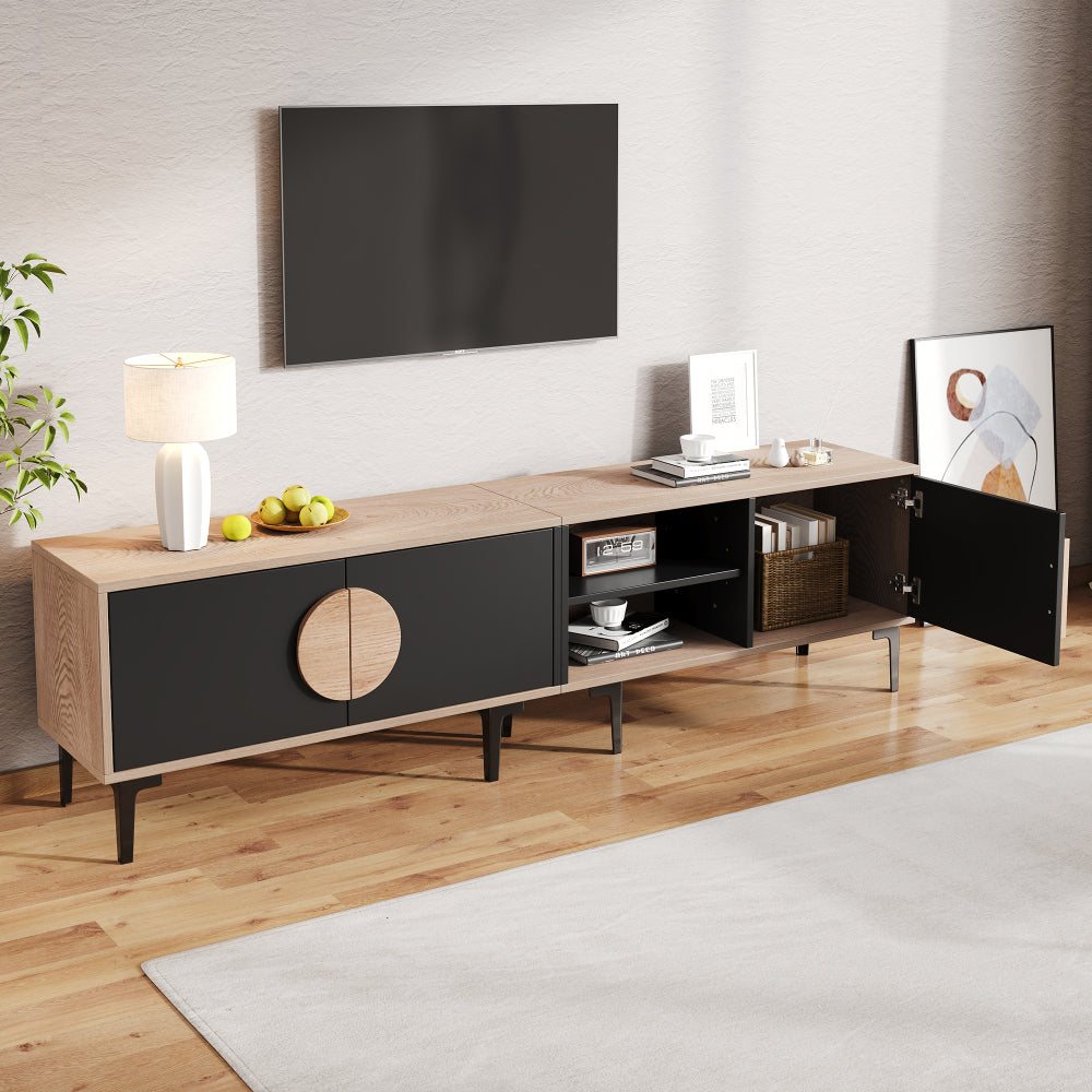 Modern TV Stand Compatible for 80-Inch TVs - Low Profile Media Console with 2 Cupboards & Open Shelves, Heavy-Duty Metal Frame, Assembly, Living Room Entertainment (180x35x49cm)