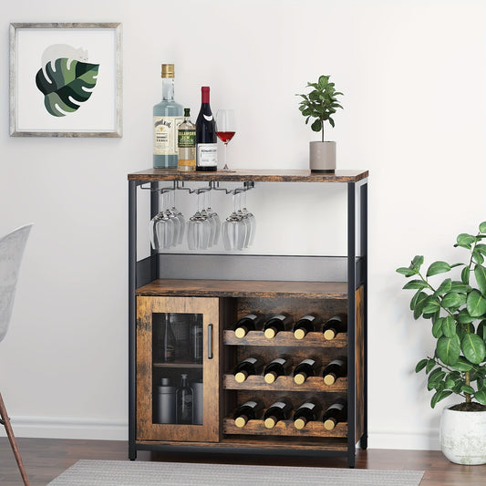 Wijnkast – Wijnrek – Wijnbar – Buffetkast – Vrijstaande Kast – Rustiek Bruin – 3 Niveaus – Glazenhouder Met Mesh Deur