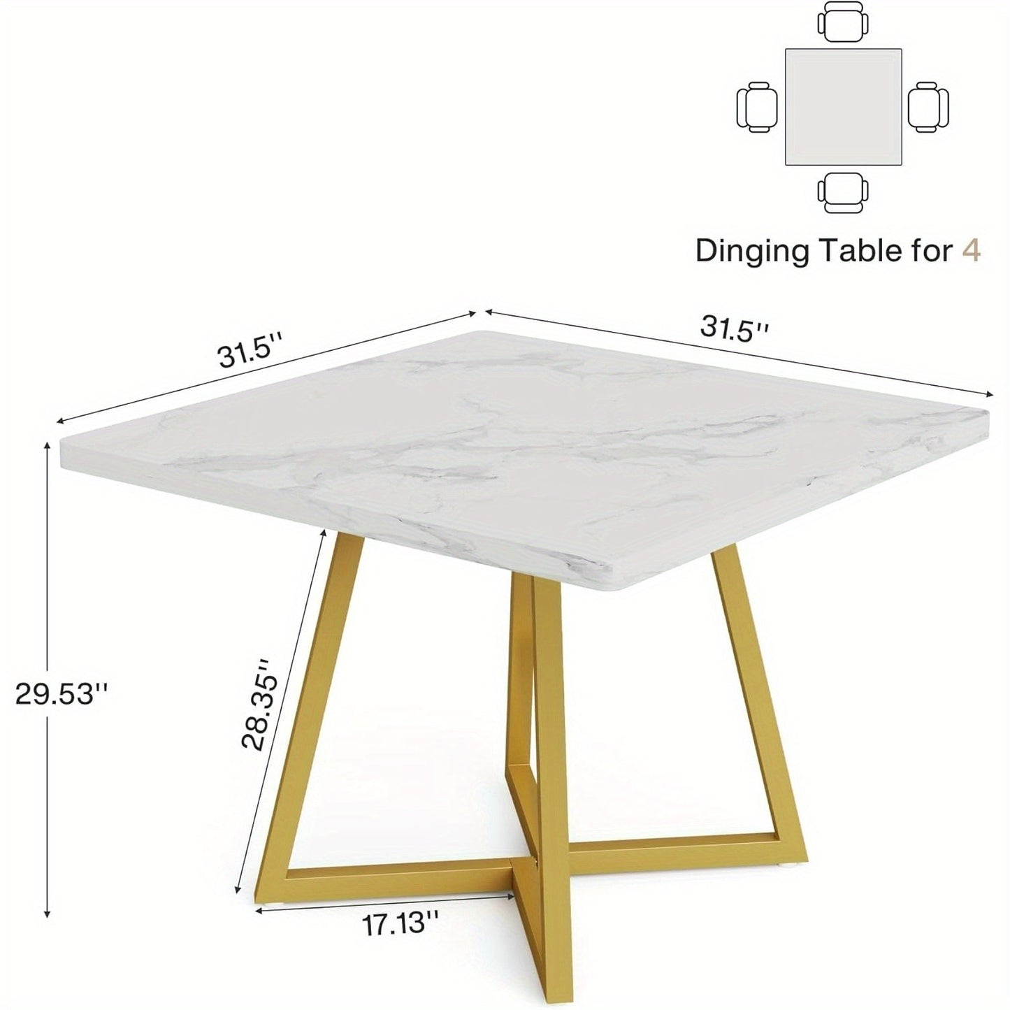 Vierkante Eettafel – Tafel – Eetkamertafel – Compacte Tafel – Keukentafel – Wit Gouden Marmerlook – 80x80 cm – Stabiel Metalen Onderstel