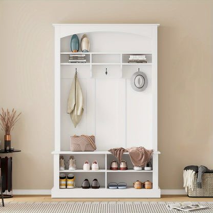 Halbankje – Halmeubel – Schoenenbank – Opbergbankje – Gangbank – Multifunctionele Opbergruimte – 3 Haakjes – Wit – H190 x B120 x D40 cm