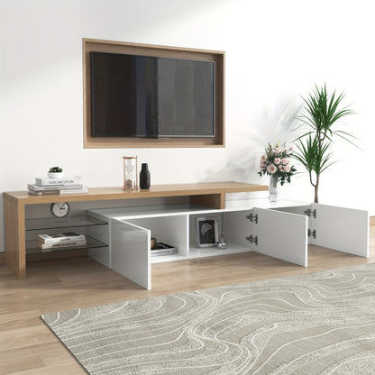 Tv Meubel – TV Kast – TV Meubelkast – Mediameubel – TV Dressoir – Hoogglans Wit – Bamboe Met Glazen Planken – Minimalistisch Ruimtebesparend Design