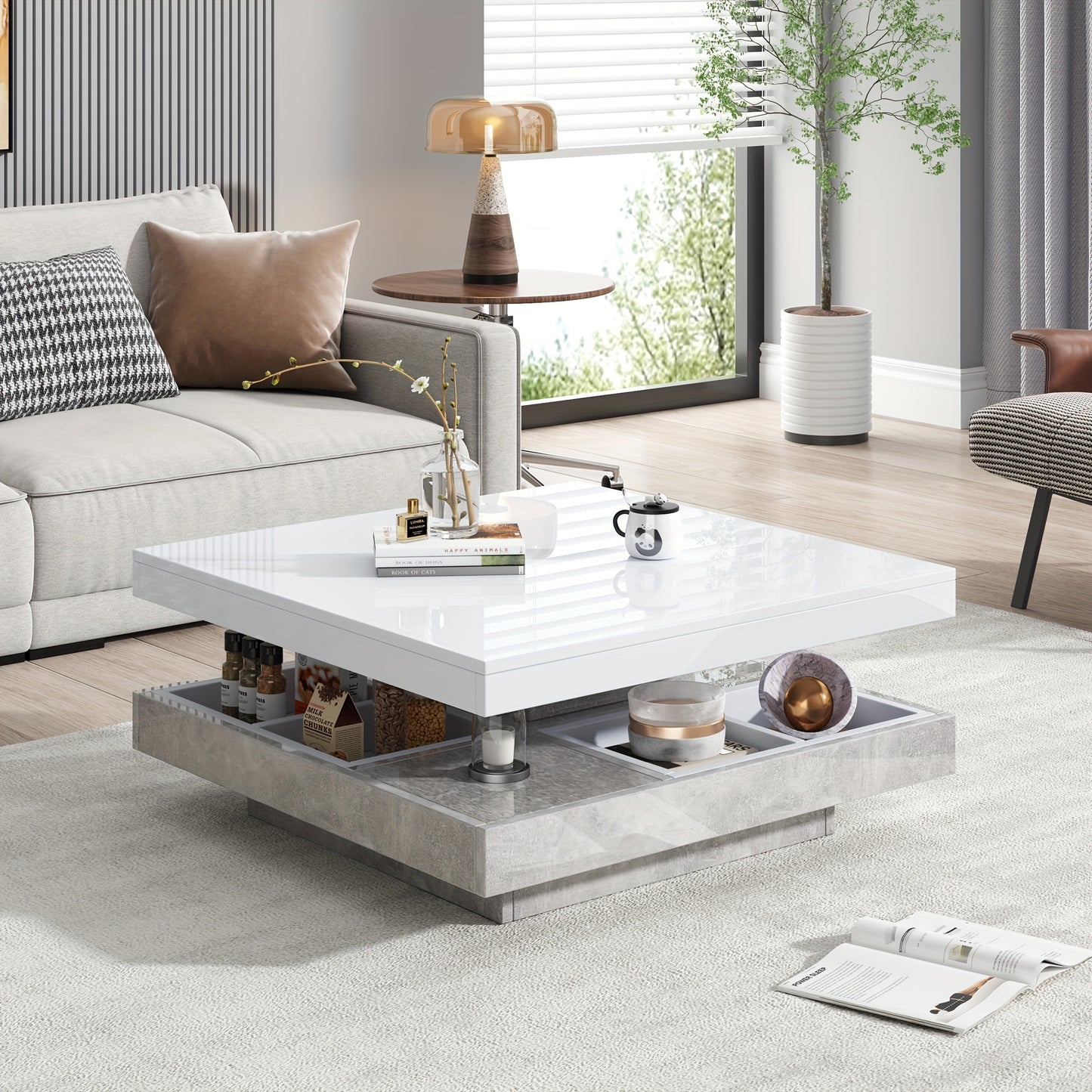 Coffee Table, Functional Double Coffee Table, High-gloss Tabletop Tabletop can be swivelled 360°, Double Swivel Tabletop with Storage Compartment, 70*70*36cm