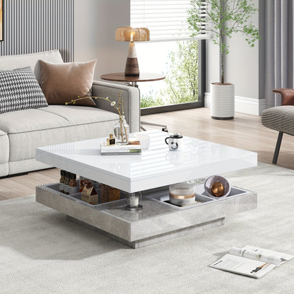 Coffee Table, Functional Double Coffee Table, High-gloss Tabletop Tabletop can be swivelled 360°, Double Swivel Tabletop with Storage Compartment, 70*70*36cm