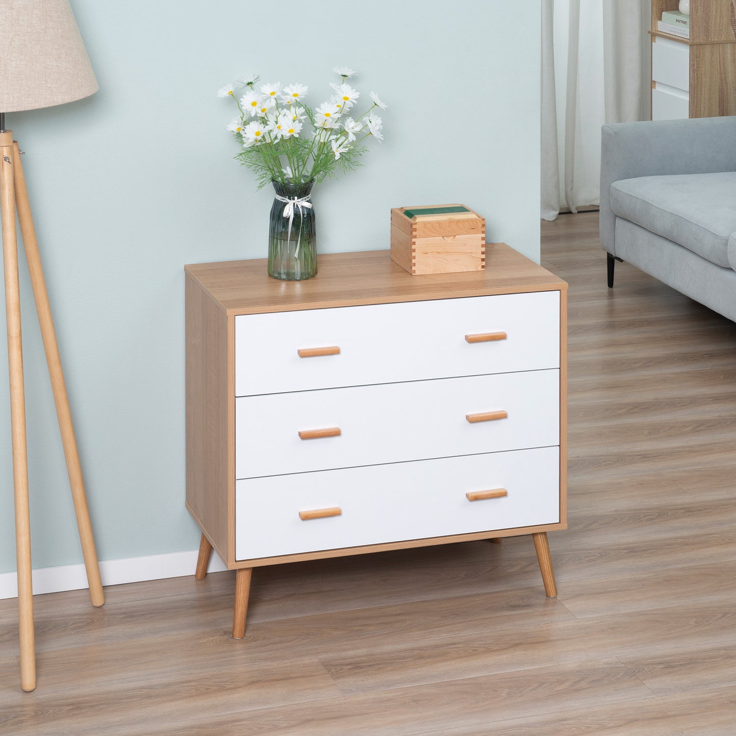 Ladekast Scandinavisch – Commode – Opbergkast – Dressoir – Schuifladenkast – Wit Met Houtlook – 3 Schuifladen – Anti-Kantelbeveiliging