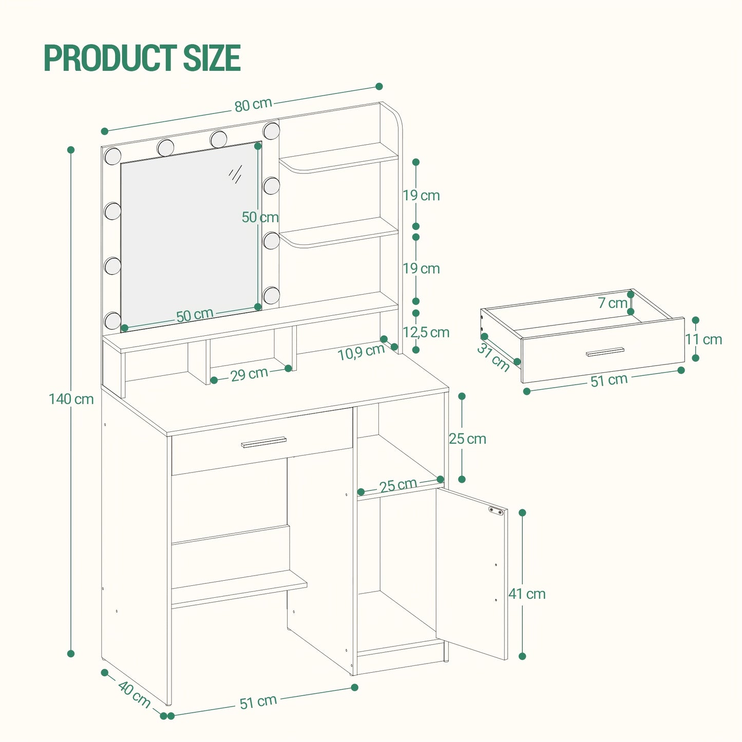 Kaptafel – Make-up Tafel – Opmaaktafel – Vanity – Spiegeltafel – LED Verlichting – Ruime Opbergruimte Met Lade En Kast – Modern Zwart