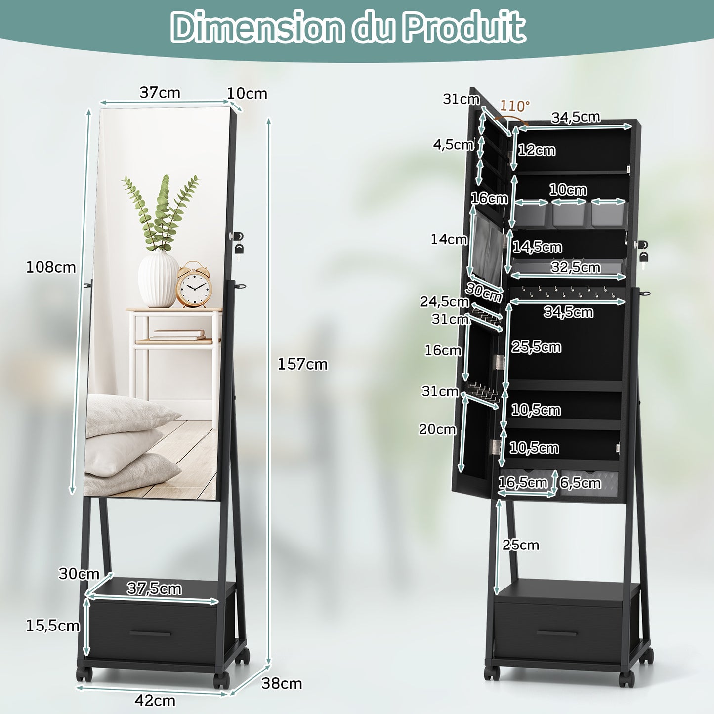 Sieradenkast – Juwelenkabinet – Jewelry Armoire – Sieradenopberger – Sieradenhouder – Zwart – Vloermodel Met Slot – Met Volledige Spiegel