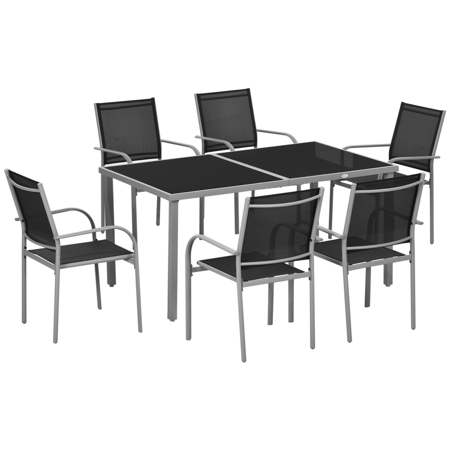 Tuinset – Tuinmeubelset – Bistroset – Loungeset – 7-delig – 6 Stapelbare Stoelen – Stalen Tafel Met Gehard Glas – Zwart