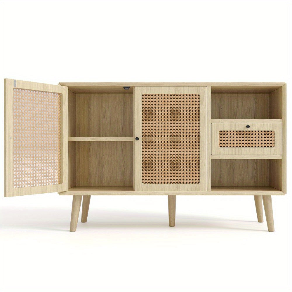 Dressoir – Ladekast – Opbergkast – Buffetkast – Kast – MDF Constructie – Massief Houten Poten – 1 Lade – 2 Deuren Met Rattan Vlechtwerk – Verstelbare Planken – Eikenlook 120x40x80 cm
