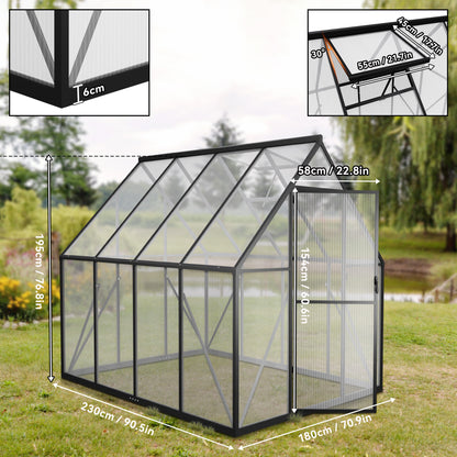 Aluminium Kas – Serre – Kweekkas – Tuinkas – Groentekas – 6x8 ft (230x180x195 cm) – 4 mm Polycarbonaat Panelen – Weerbestendig Met Verstelbaar Ventilatieraam