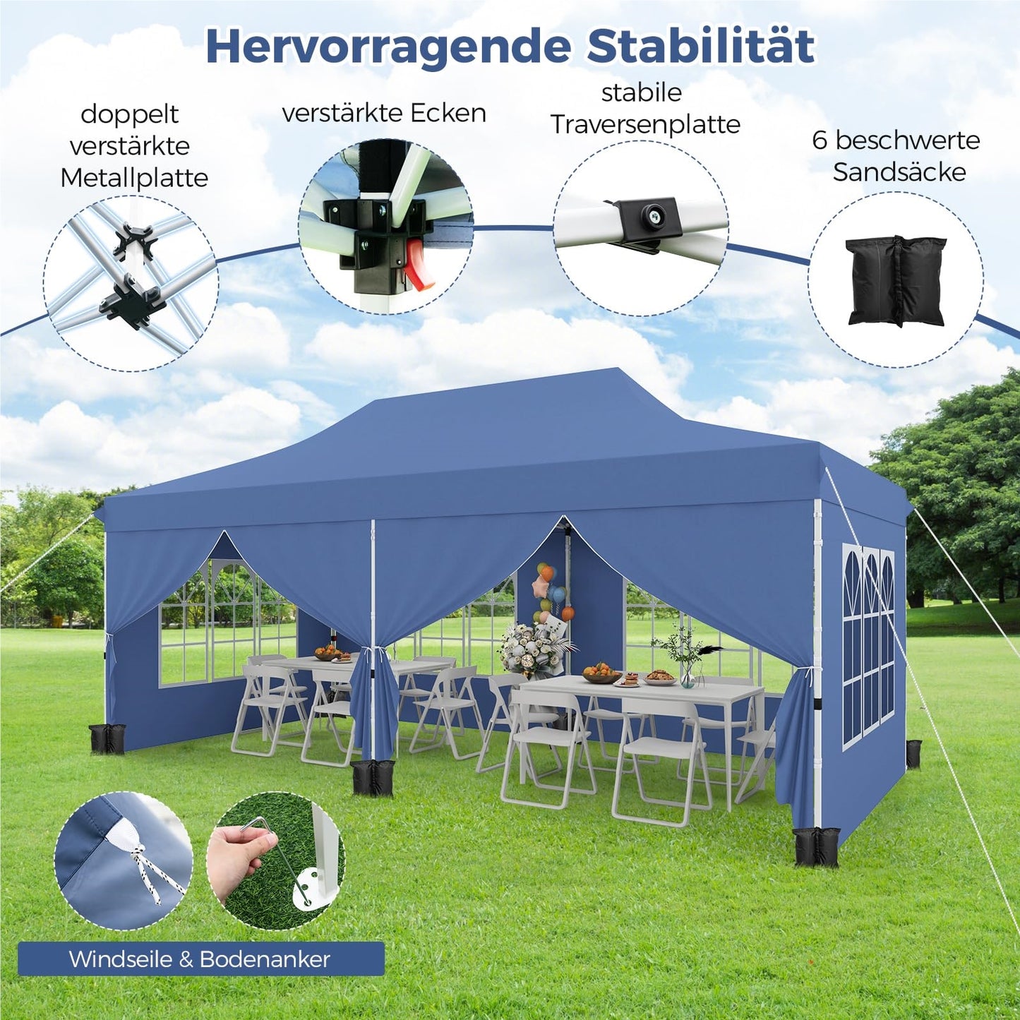 Paviljoen – Tuinpaviljoen – Partytent – Tenten – Overkapping – 3 x 6 Meter – Waterdicht Met UV Bescherming 50+ – Met 6 Zijwanden en Zandzakken – Blauw