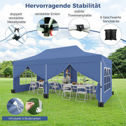 Paviljoen – Tuinpaviljoen – Partytent – Tenten – Overkapping – 3 x 6 Meter – Waterdicht Met UV Bescherming 50+ – Met 6 Zijwanden en Zandzakken – Blauw