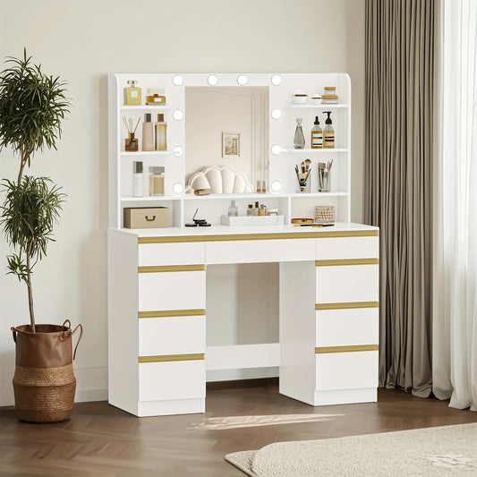 Jewelry Cabinet, Dressing Table With 10 LED Light Globes, Accessory Storage, 3 Colors, Adjustable Brightness, Large HD Mirror, 1 Large Drawer And 8 Small Drawer Cabinets, 9 Open Storage Areas, White, Jewelry Armoires - QUORE