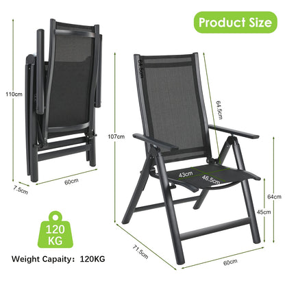 Klapstoel – Vouwstoel – Tuinstoel – Balkonstoel – Campingstoel – Aluminium Frame – 7-standen Verstelbare Rugleuning – Zwart
