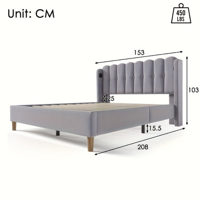 Bedframe – Bed Frame – Bed Steiger – Bedmontage – Slaapkamer Meubel – Grijs – Minimalistisch Design – Bamboe Materiaal – Ingebouwd Nachtkastje