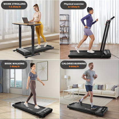 4-In-1 Collapsible Treadmill | 12 Predefined Workouts | 0.75HP Quiet Motor | LCD Screen Featuring 3/6 Quick Speed Buttons | APP + Remote + Control Panel for Triple Operation | Integrated Music Speakers | 120KG Weight Limit Co