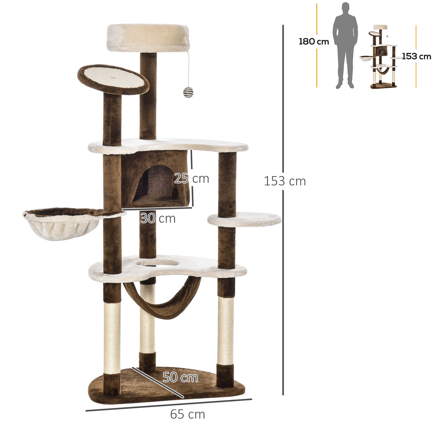 Krabpaal – Kattenboom – Kattenhuis – Kattentoren – Krabmeubel – Plush Bekleding – 65x50x153 cm Groot