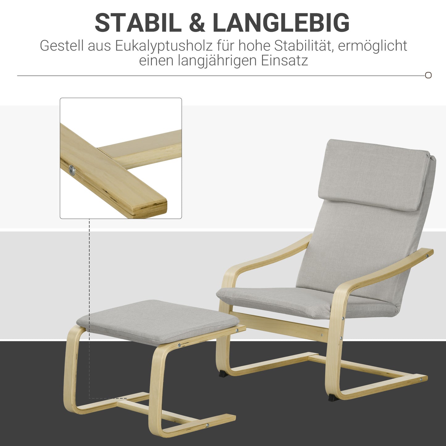 Loungestoel – Fauteuil – Relaxstoel – Zetel – Armstoel – Linnenlook Stof – Houten Frame – Incl. Voetenbankje – Max 120 Kg – Lichtgrijs/Natuur