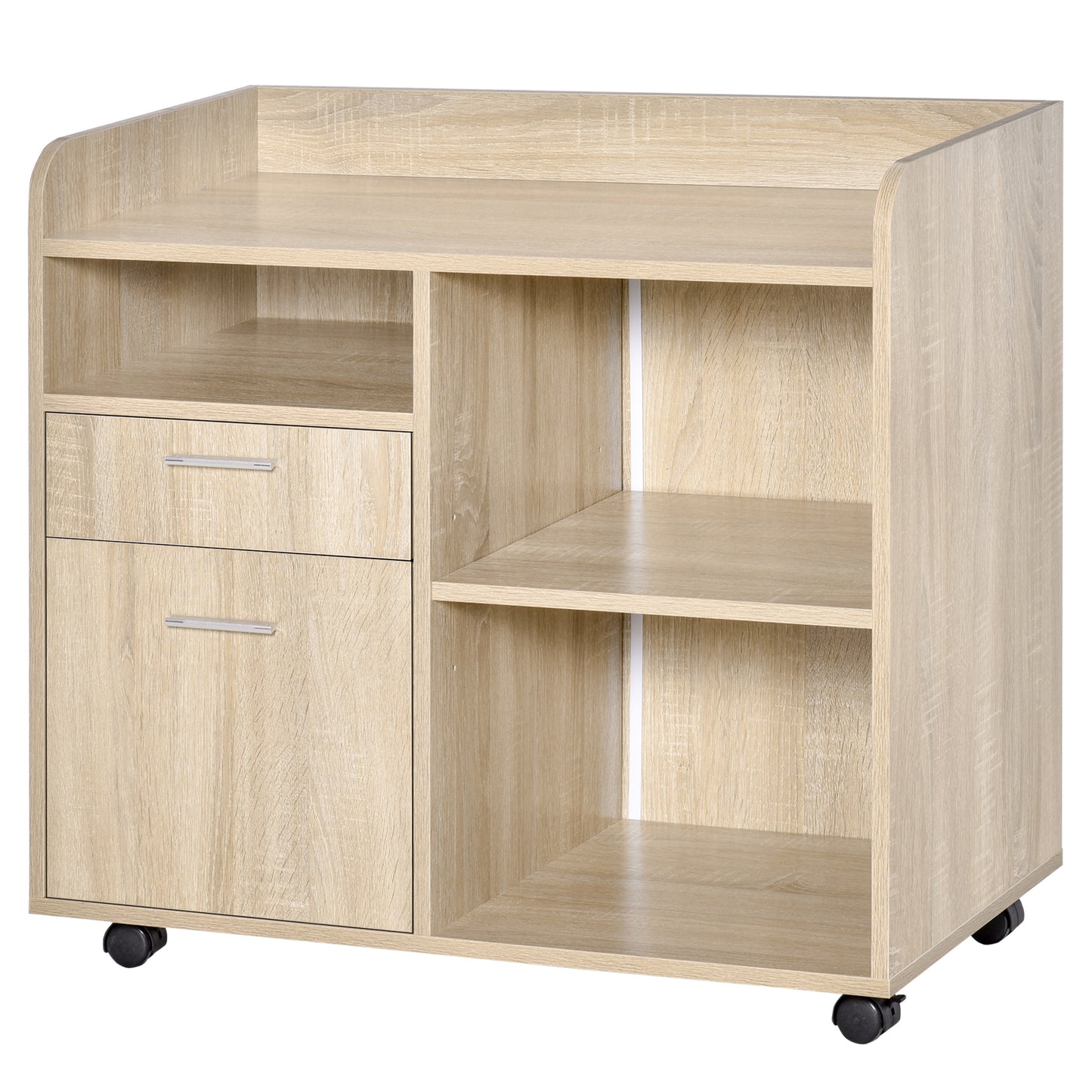 Rolwagen – Printerstandaard – Office Organizer – Mobiele Opberger – Bureauwagen – Licht Eikenhout – Verstelbare Plank – 80x40x72 cm