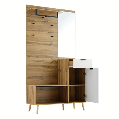 Kledingkast – Garderobekast – Opbergkast – Draaideurkast – Schoenenkast – Hout – Spiegel – Schoenenbank – 190 cm Hoog – Hydraulische Scharnieren – Multifunctioneel Design