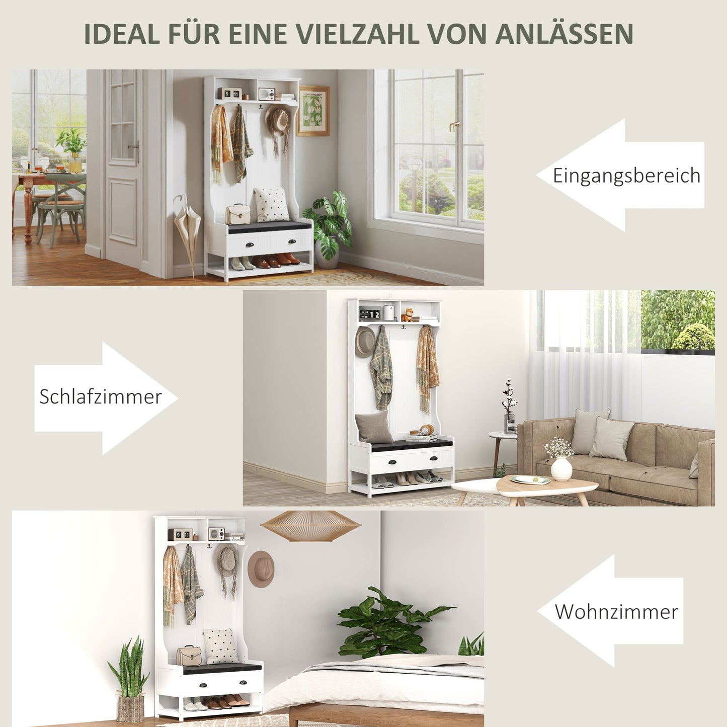 Kapstok – Garderoberek – Schoenenbank – Halmeubel – Opbergmeubel – Wit met Grijs – Comfortabele Zitting – 3 Schoenenvakken en 2 Lades