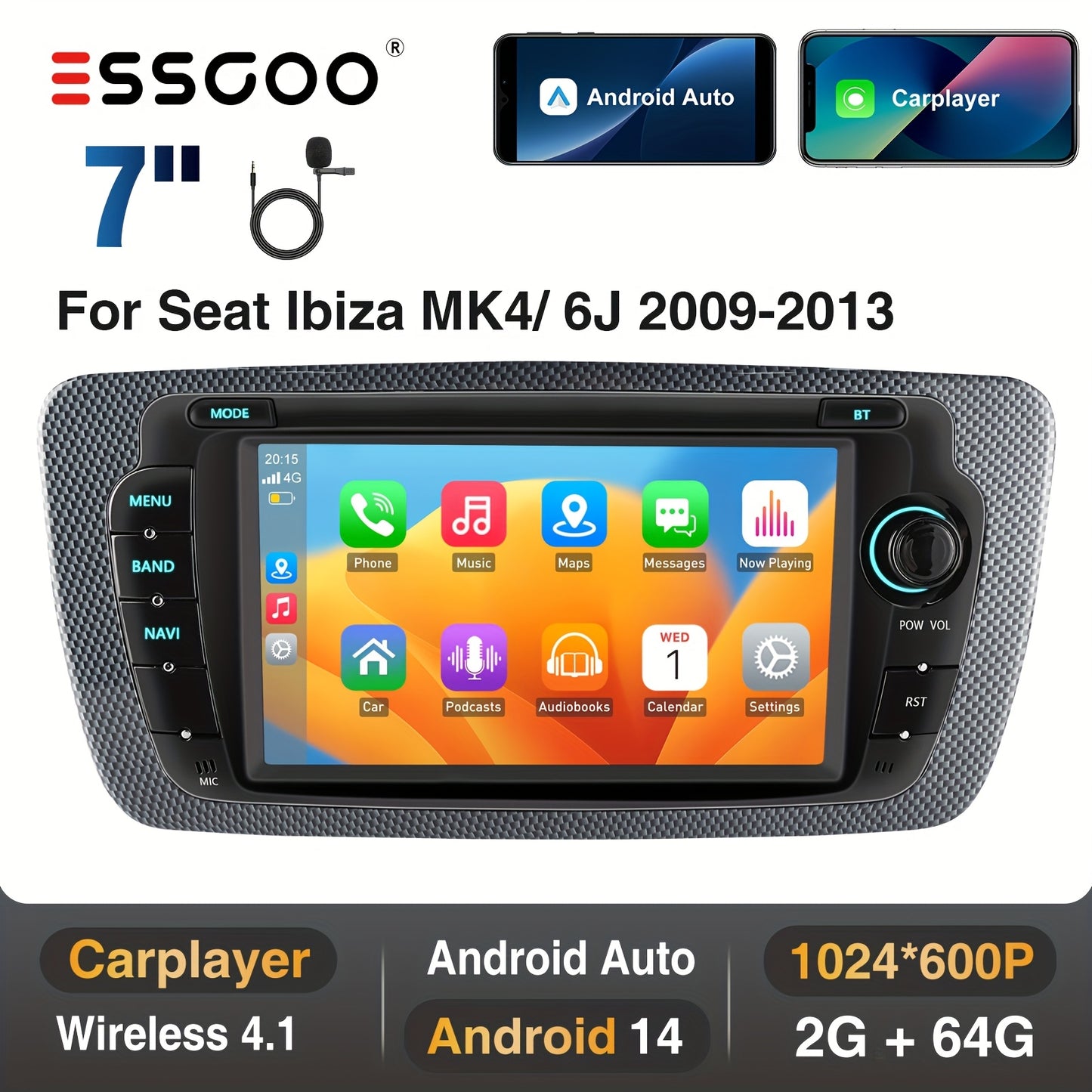 ESSGOO 2+64G Auto Radio Android 14 Car Stereo Multimedia Player 2 DIN Fit 7 Inch/17.78cm For Seat Ibiza MK4/6J 2009-2013 With Wireless Carplayer, Android Auto, WiFi FM RDS Radio USB SWC Mirror Link with Microphone