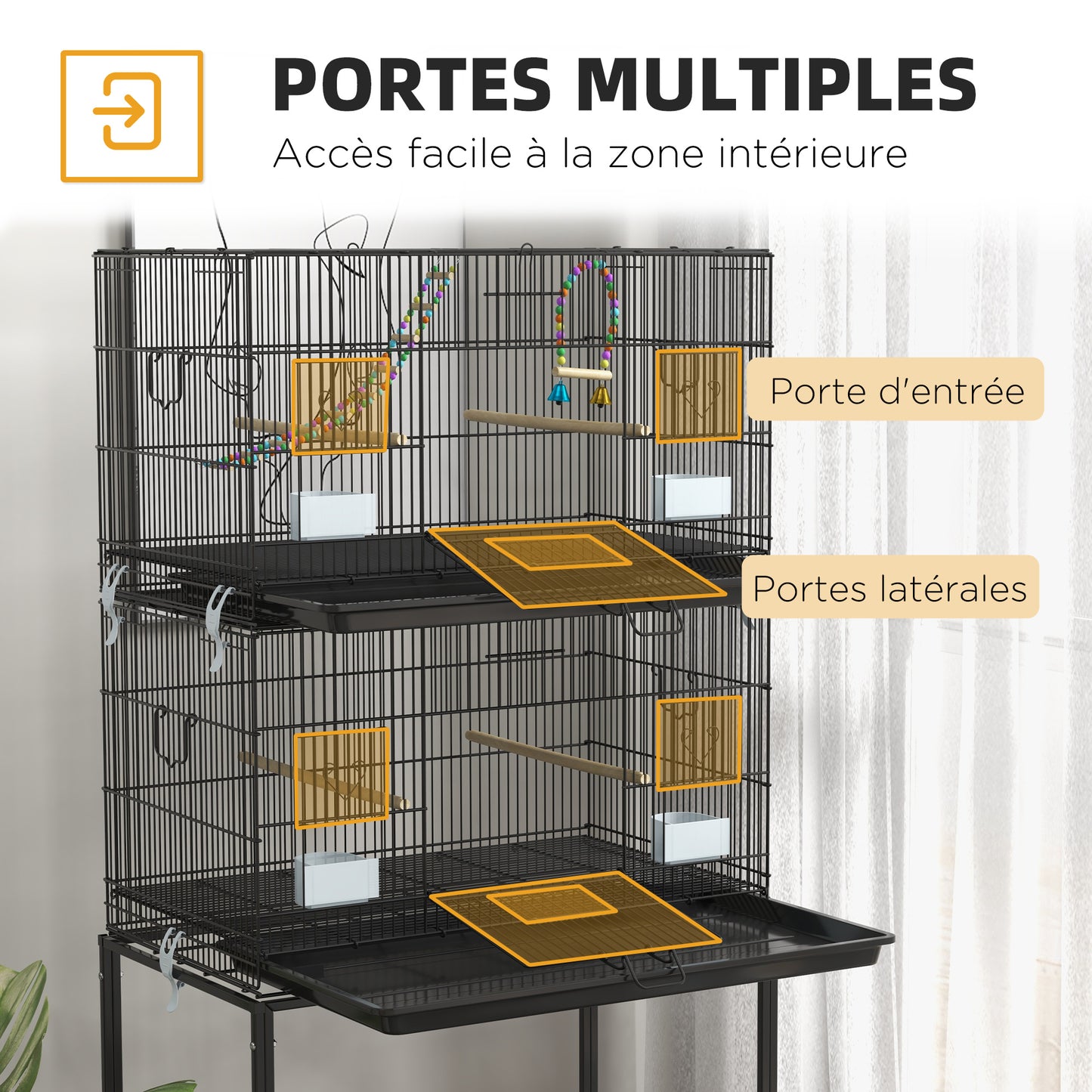 Dubbele Vogelkooi – Vogelkooi Met Standaard – Vogelkooi Groot – Parkietenkooi – Kanariekooi – Zwart Staal – Twee Lagen – Uitneembare Bodemlade