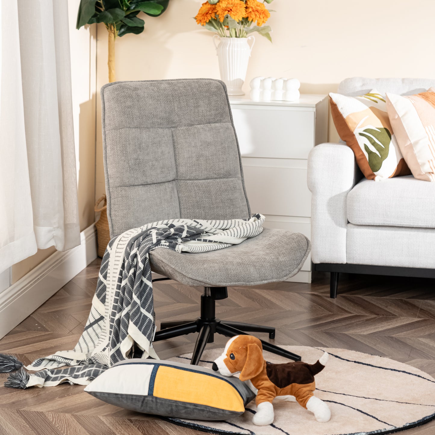 Relaxfauteuil – Lounge Stoel – Draaifauteuil – Relaxstoel – Armloos – Chenille Stof – 360° Draaibaar – Verstelbare Hoogte – Grijs – 67x61x89-95 cm