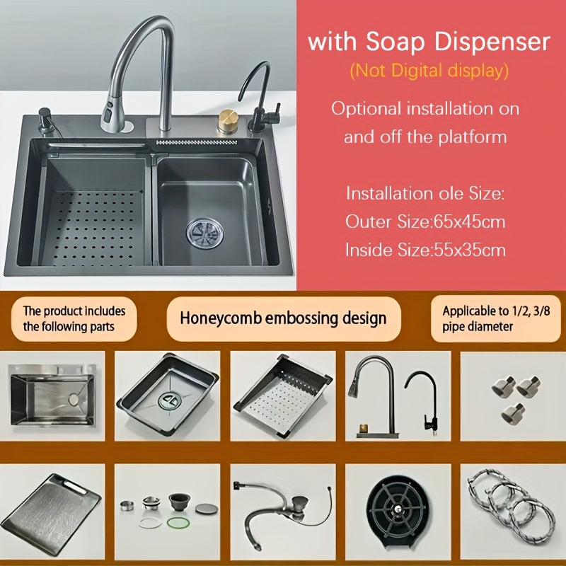 Keukenspoelbak – Spoelbakken Keuken – Wasbak Keuken – Gootsteen – Enkele Spoelbak – 75x45 cm – RVS Geborsteld – Waterfall Kraan Met Digitaal Display