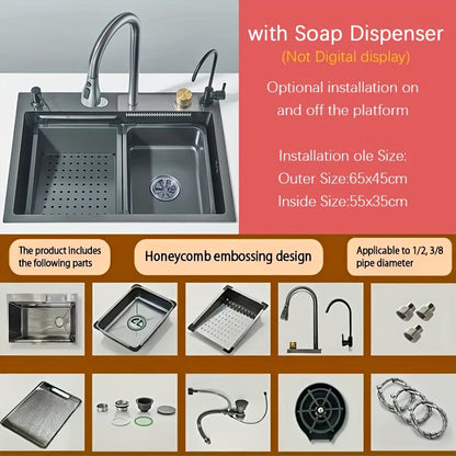 Keukenspoelbak – Spoelbakken Keuken – Wasbak Keuken – Gootsteen – Enkele Spoelbak – 75x45 cm – RVS Geborsteld – Waterfall Kraan Met Digitaal Display