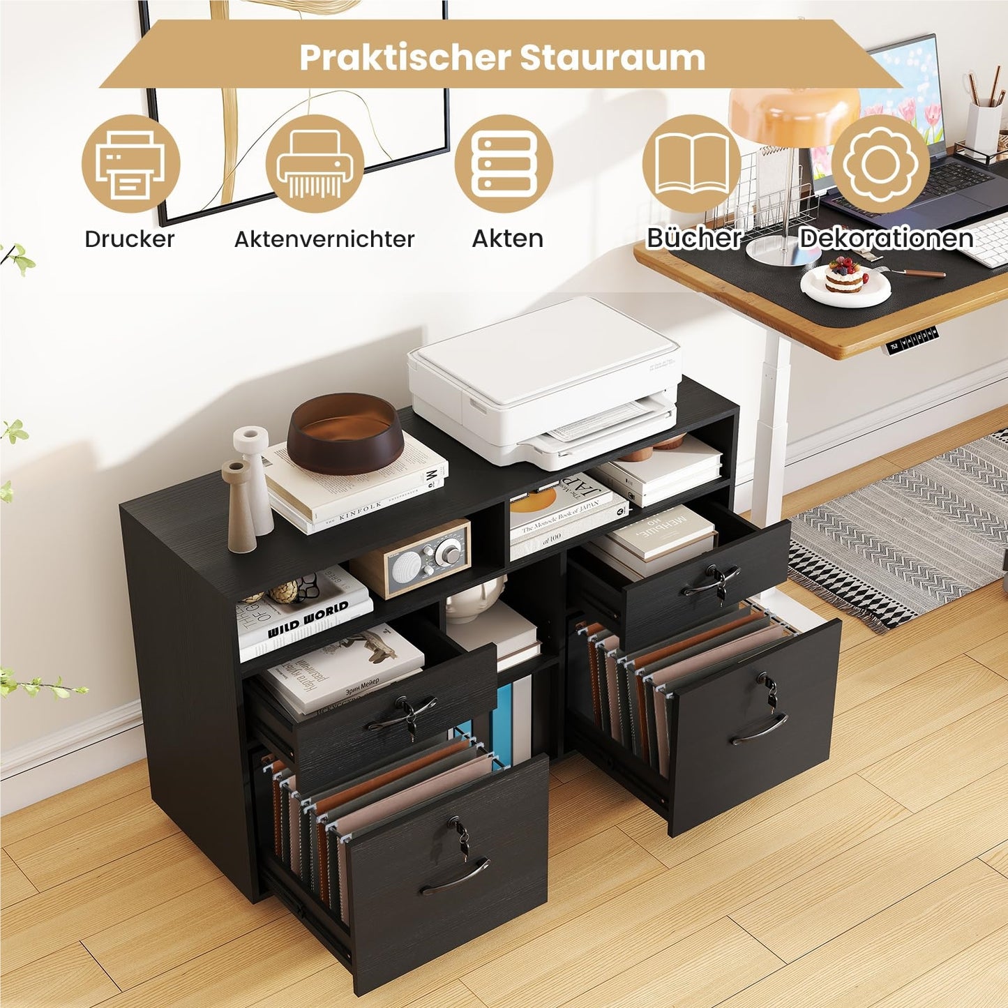 Rollende Opbergkast – Mobiele Ladenkast – Office Organizer – Printerstandaard – Rolcontainer – 4 Lade Met Slot – Verstelbare Plank – Zwart