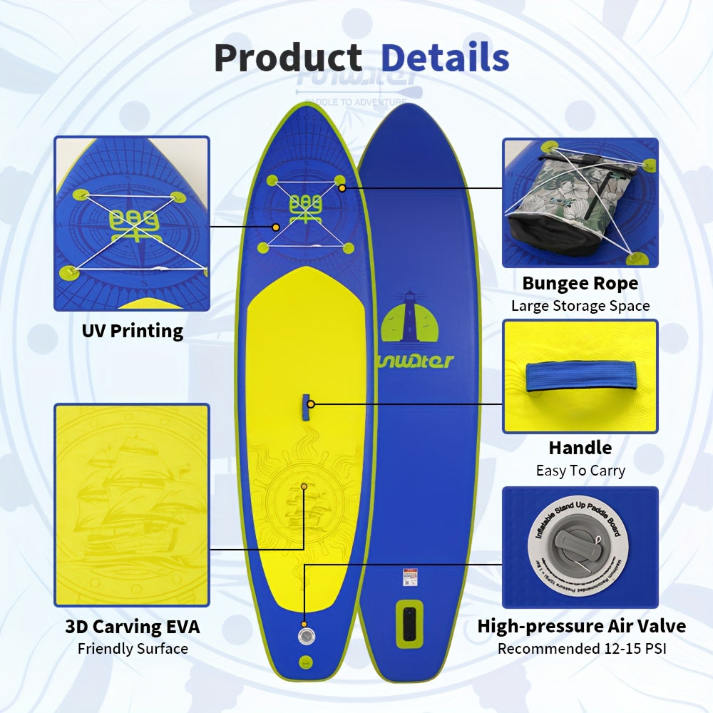 Supboard – Paddleboard – Stand Up Paddle – SUP Plank – Inflatable SUP – Extra Groot 350x87x15 cm – Draagkracht 190+ kg – Complete Set Met Pomp – Duurzaam PVC – Blauw Geel