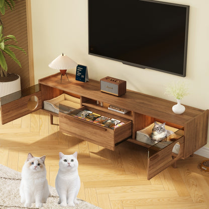 Modern TV Cabinet with Cat Lounge and One Drawer (Cat Cushion Not Included), Brown, 180×40×50cm, Ideal for Living Rooms, Bedrooms, and Relaxation Areas