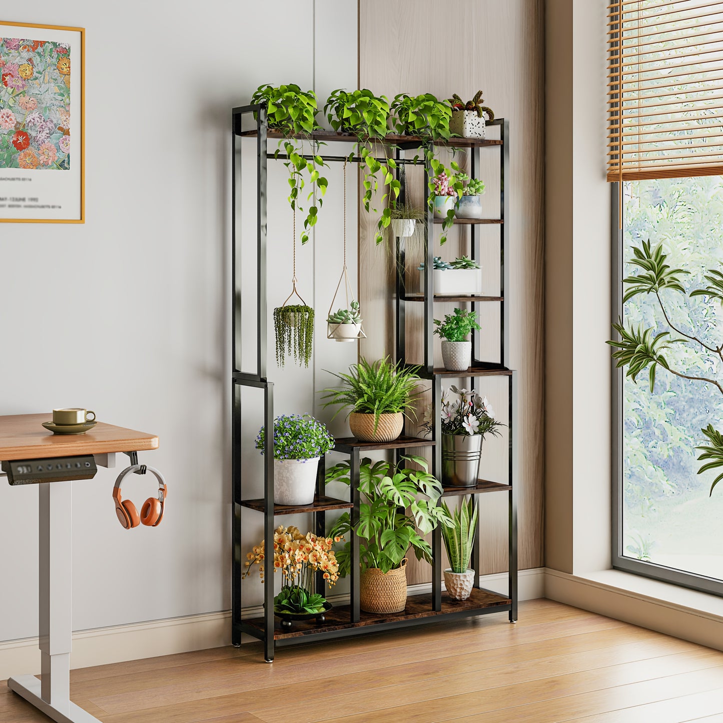 7-laags Plantenrek – Plantenstandaard – Bloemenrek – Plantentoren – Plantenladder – Zwart – Hout – Ruimtebesparend 180cm – Stevige Irreguliere Vorm