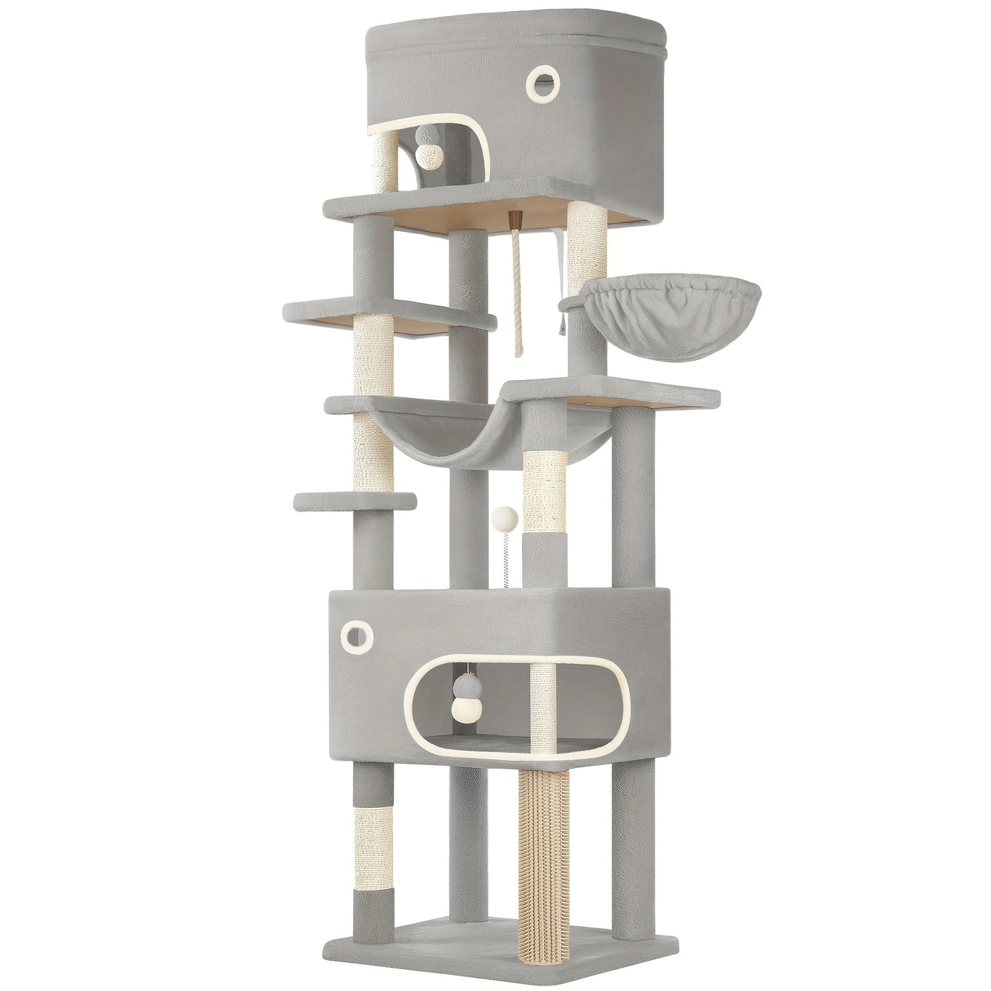 Cat Scratching Post with Large Platform, 2 Caves, 7 Scratching Posts, Pompoms, Loungers, Hammock, Suitable for All Cat Breeds, Light Grey/Dark Grey - QUORE