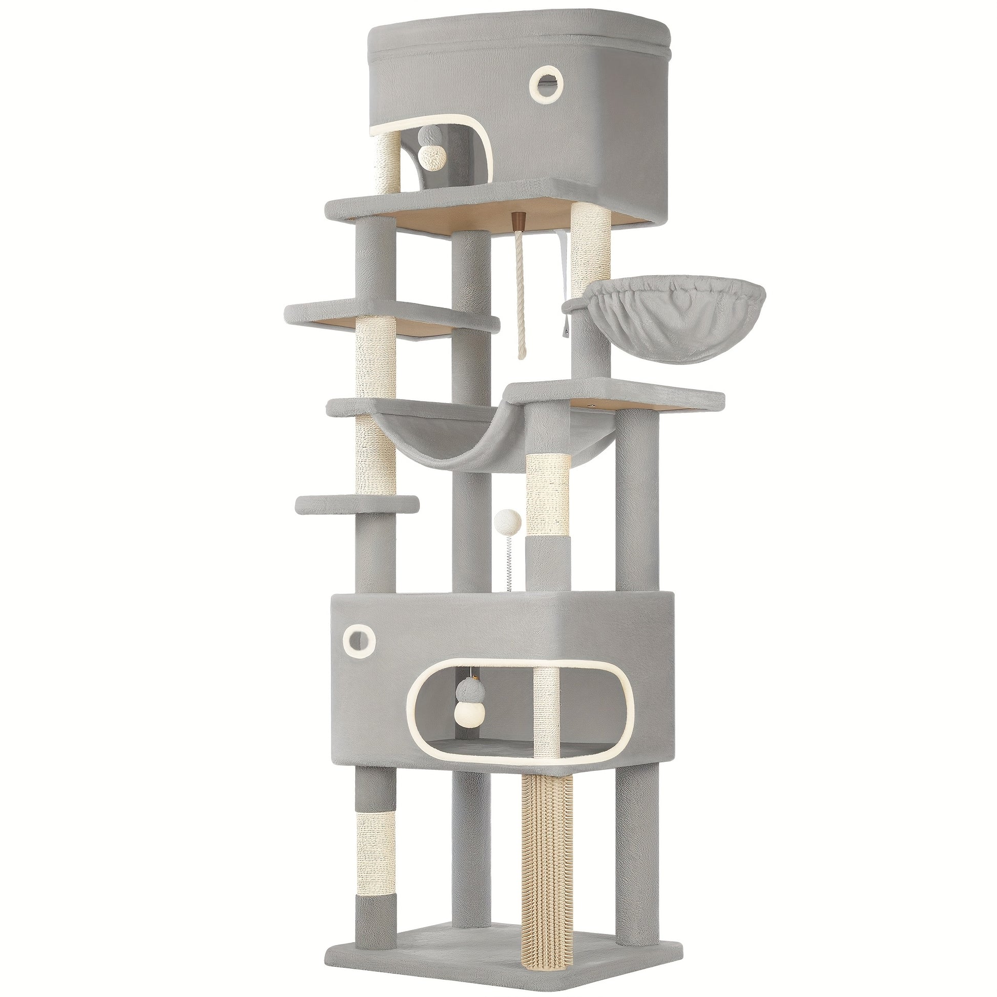 Cat Scratching Post with Large Platform, 2 Caves, 7 Scratching Posts, Pompoms, Loungers, Hammock, Suitable for All Cat Breeds, Light Grey/Dark Grey - QUORE