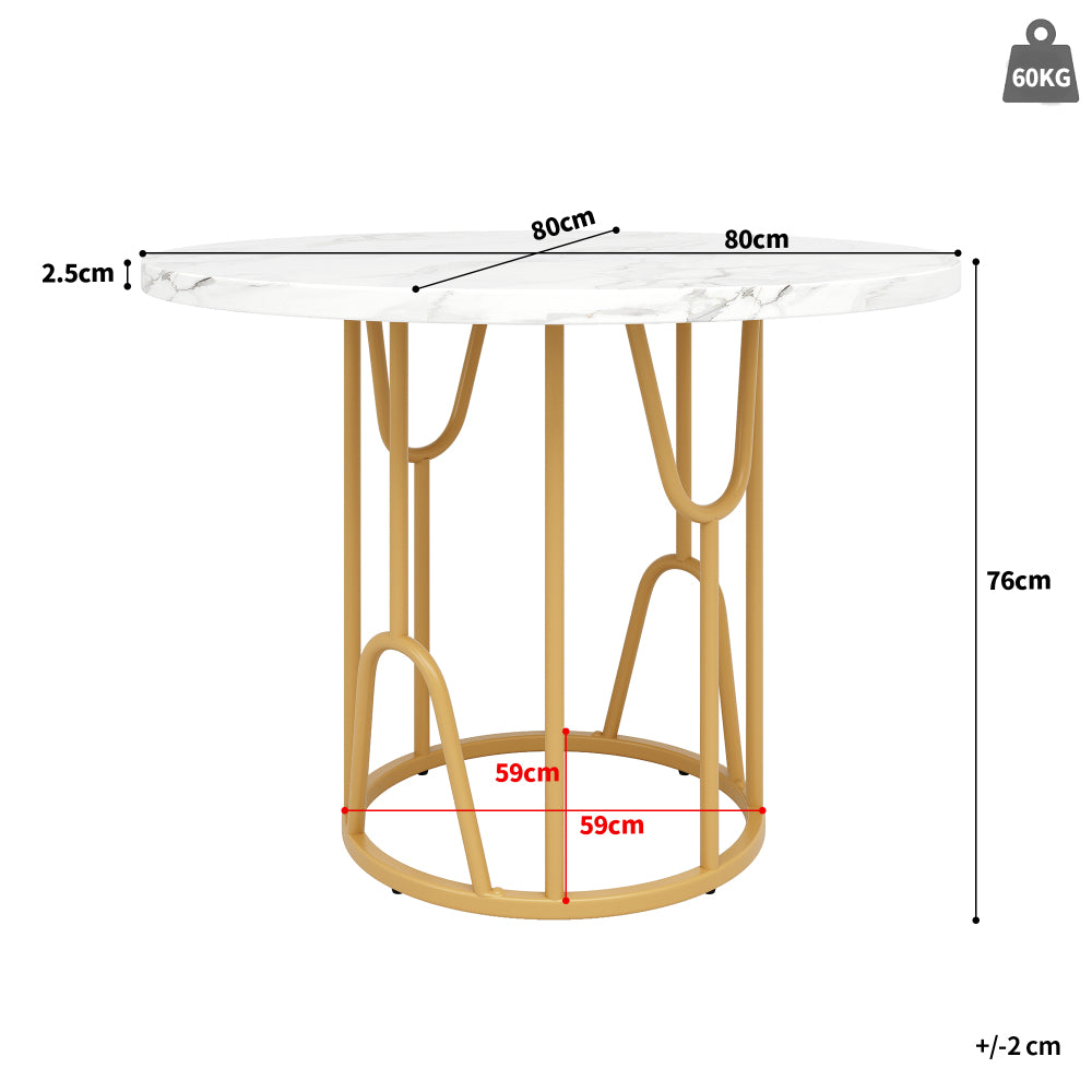 Ronde Eettafel – Eettafel Rond – Keukentafel – Eettafel Compact – Eettafel Modern – Goudkleurige Poten – 80x80x76 cm – Lichtgewicht & Geschikt Voor 4-6 Personen