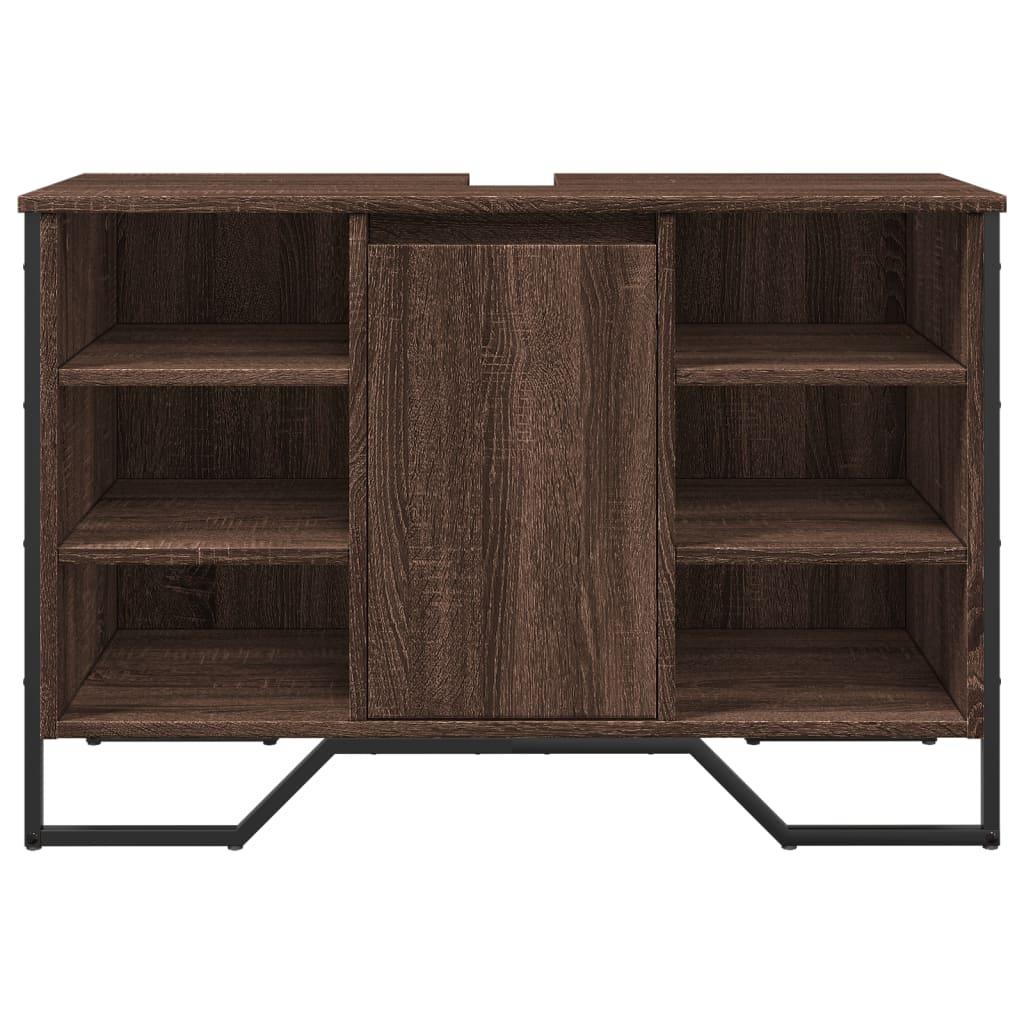 Modern Brown Oak Bathroom Sink Cabinet - Engineered Wood Storage with Towel Rack & Hooks, 91x35x60cm, Perfect for Washroom Organization, Bathroom Organizers And Storage