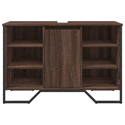 Modern Brown Oak Bathroom Sink Cabinet - Engineered Wood Storage with Towel Rack & Hooks, 91x35x60cm, Perfect for Washroom Organization, Bathroom Organizers And Storage