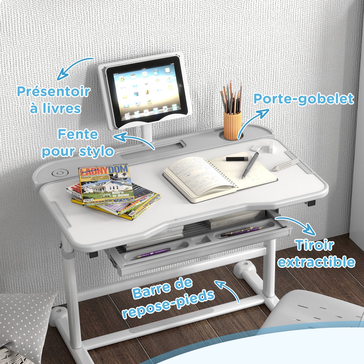 Kinderbureau met Stoel – Kindertafel – Schrijftafel – Studiehoek – Speeltafel – 45° Verstelbaar Werkblad – Hoogte Verstelbaar Grijs