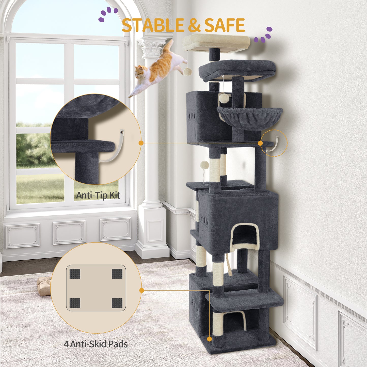 Kattenboom – Klimpaal – Krabpaal – Speelparadijs – Kattenmeubel – Donkergrijs – 193 cm Hoog – 7 Niveaus Met Sisal Krabpalen