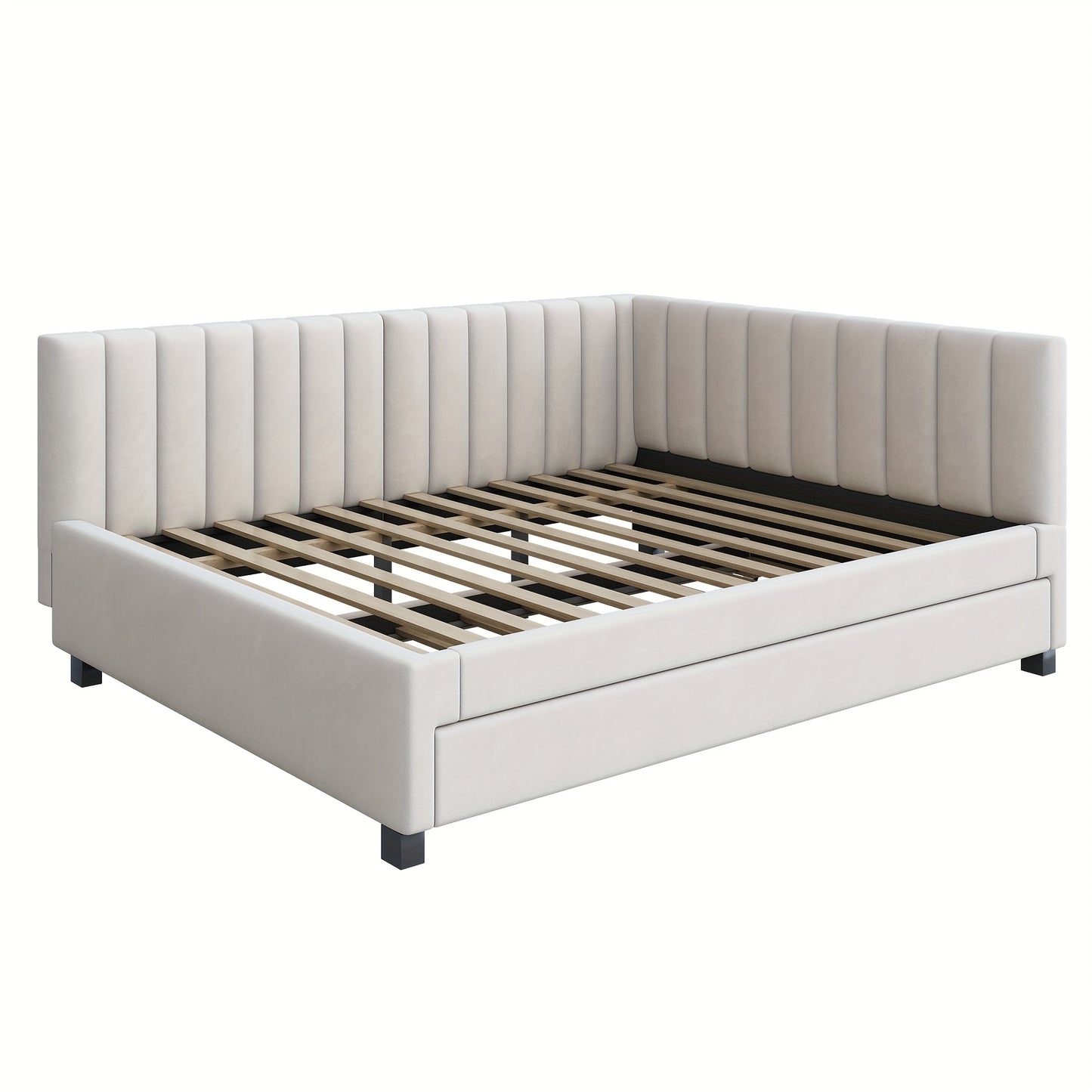 Bedbank – Slaapbank – Slaapstoel – Futon – Logeerbed – Modern Fluwelen Beige – Uitschuifbaar 140x200 cm – Massief Houten Frame Met Lattenbodem